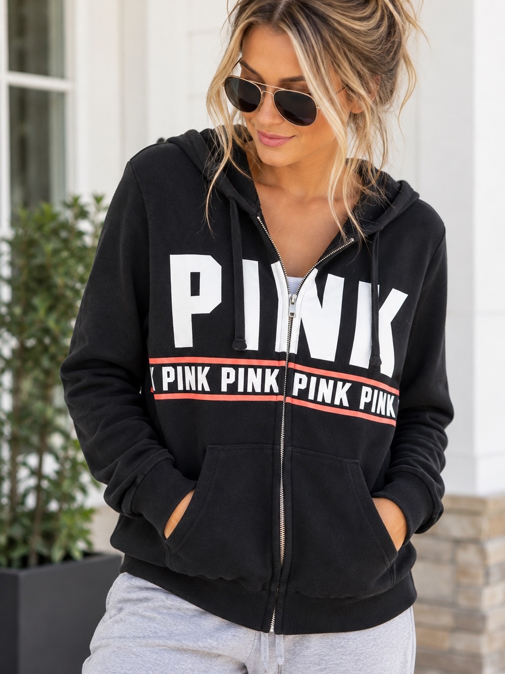 Victoria’s Secret PINK Black Full Zip Graphic Logo Hoodie Sweatshirt S